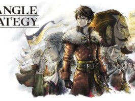 Arte promocional de Triangle Strategy mostrando a los protagonistas en un campo de batalla